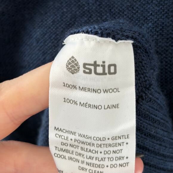 Stio Merino Wool Large Navy Blue Gray Sweater Ribbed Cuff Longer Length Warm - Picture 8 of 8